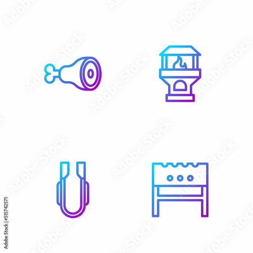 Set line BBQ brazier, Meat tongs, Chicken leg and Brick stove. Gradient color icons. Vector