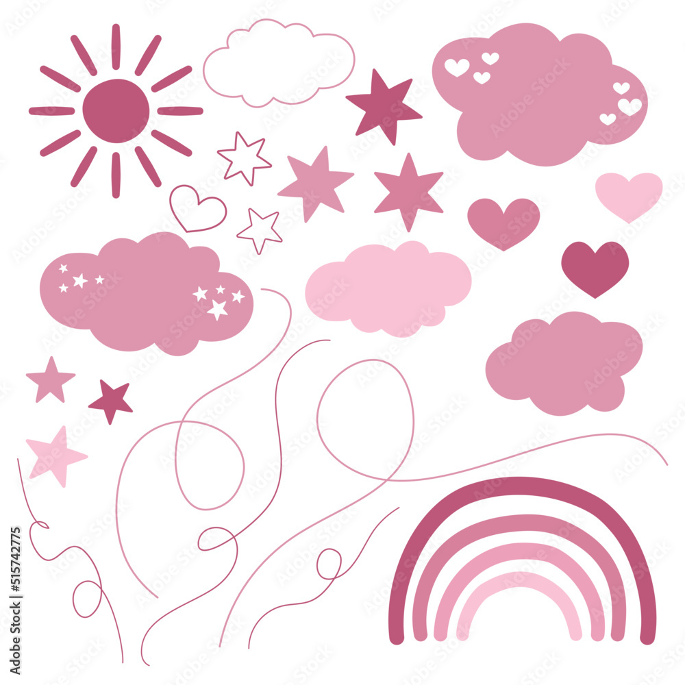 Kolekcja minimalistycznych wektorowych kształtów w boho stylu w kolorze różowym. Tęcza, słońce, gwiazdki, serduszka, chmury i linie do wykorzystania w projektach. - obrazy, fototapety, plakaty 