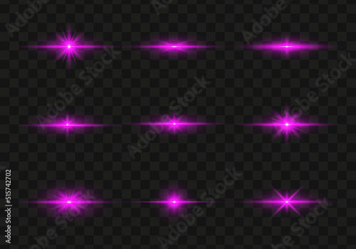 Set of glowing light stars with sparkles. Transparent shining sun, star explodes and bright flash. Purpur bright illustration starburst.