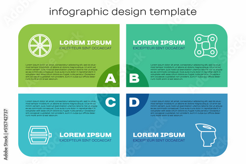 Set line Bicycle pedal, wheel, helmet and chain. Business infographic template. Vector