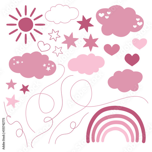 Kolekcja minimalistycznych wektorowych kształtów w boho stylu w kolorze różowym. Tęcza, słońce, gwiazdki, serduszka, chmury i linie do wykorzystania w projektach.