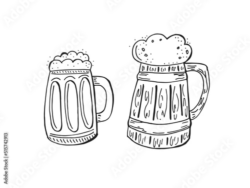 Oktoberfest 2022 - Beer Festival. Hand-drawn set of Doodle Elements. German Traditional holiday. Outline of a wooden beer mug on a white background.