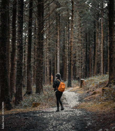 Girl Backpacker walking in the forest 