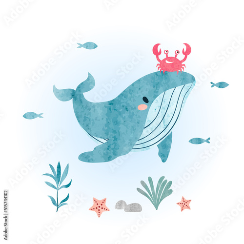 Cute cartoon whale and crab. Marine vector watercolor illustration. Sea print for kids