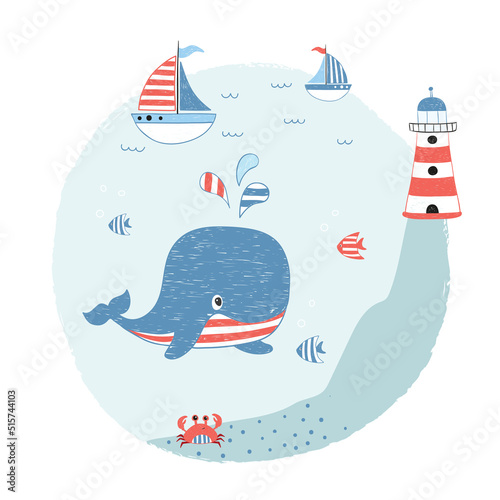 Cute whale and ships. Cartoon sea vector illustration. Marine poster , print for kids.