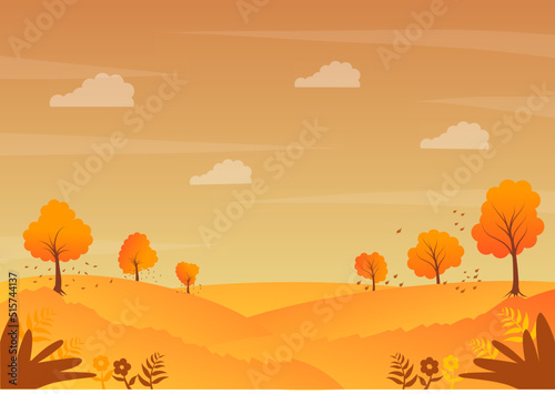 Panoramic countryside in autumn season vector illustration with some trees and orange meadow. Fall landscape background