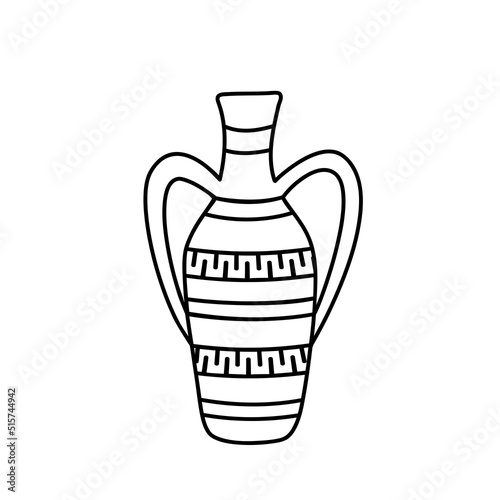 Vector illustration of a clay jug with greek ornament in the doodle style isolated on a white background.