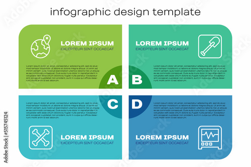 Set line Archeology, Location on the globe, Seismograph and Shovel. Business infographic template. Vector