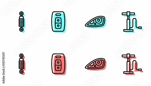 Set line Car headlight, Shock absorber, key with remote and air pump icon. Vector