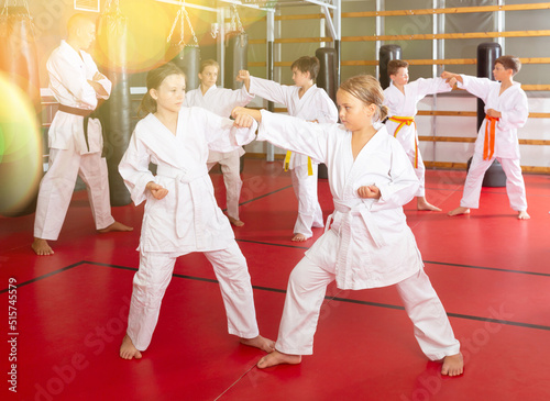 Diligent school girls practicing new karate moves in pairs in class with trainer