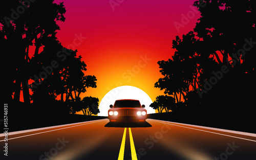 car driving on the road, highway sunset 