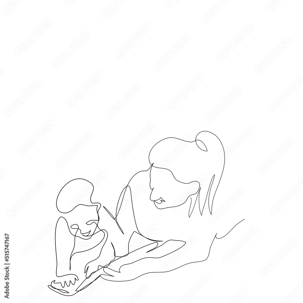 Mother teaching child at home. Happy son and young Mum reading book together.Mum reading fairy book to baby kid at home. Vector isolate flat continue line design of Happy Mother's Day.