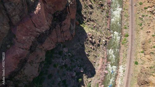 Birds eye drone view of river canyon 