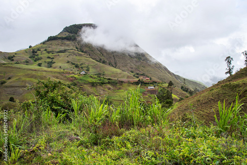 Panoramic view at village Ucumari at ecuadorian Andes at rainy cloudy day. Ecuador. Azuay province, Nabon canton. 