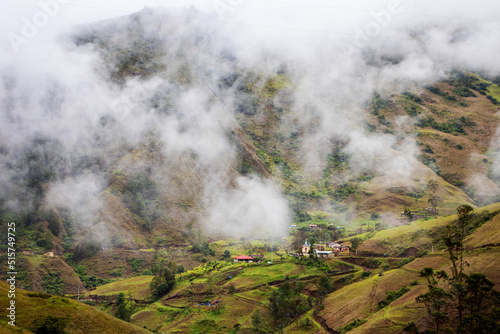 Panoramic view at village Ucumari at ecuadorian Andes at rainy cloudy day. Ecuador. Azuay province, Nabon canton. 
