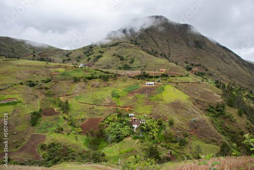 Panoramic view at village Ucumari at ecuadorian Andes at rainy cloudy day. Ecuador. Azuay province, Nabon canton. 