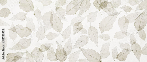 Fototapeta Naklejka Na Ścianę i Meble -  Art background with transparent tree leaves. Hand drawn vector botanical banner for wallpaper design, decor, print, interior design