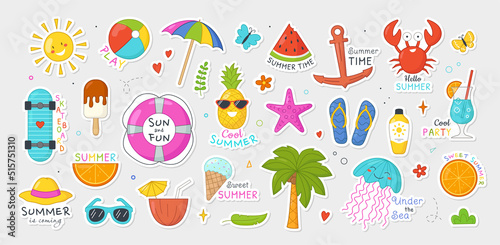 Set of summer holiday stickers. Badges with sun, watermelon, tropical palm, beachwear, ice cream and cocktail. Vacation or relaxing on beach. Cartoon flat vector collection isolated on gray background