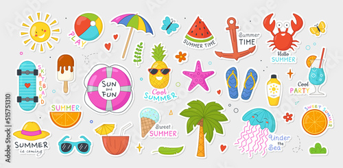 Set of summer holiday stickers. Badges with sun  watermelon  tropical palm  beachwear  ice cream and cocktail. Vacation or relaxing on beach. Cartoon flat vector collection isolated on gray background