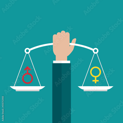 Gender and sexual equality concept. Businessman hand holds mechanical scales with male and female sex symbols. Balance between man and woman. Fair comparison concept.