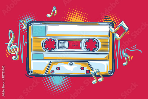 Drawn colorful audio cassette and notes musical design
