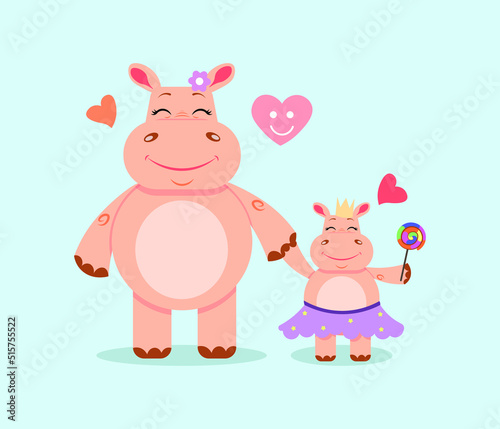Flat vector illustration of hippopotamuses mother and daughter. © VIKTORIIA