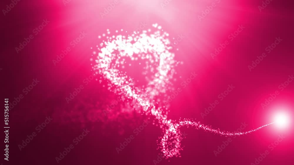 Loop pink red glow particles move heart shape on top center pink flare light background animation. pink red heart animation with blurred flare light  for for Romantic background,St. Valentines Day 