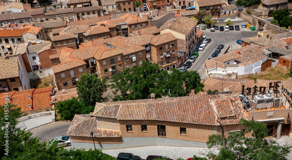 Aerial view of Toledo city, roofs of Toledo from the viewpoint, Castilla La Mancha , Spain