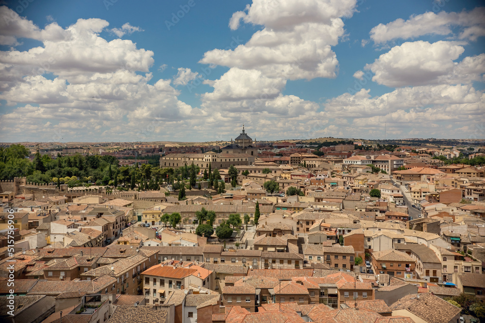 Aerial view of Toledo city, roofs of Toledo from the viewpoint, Castilla La Mancha , Spain