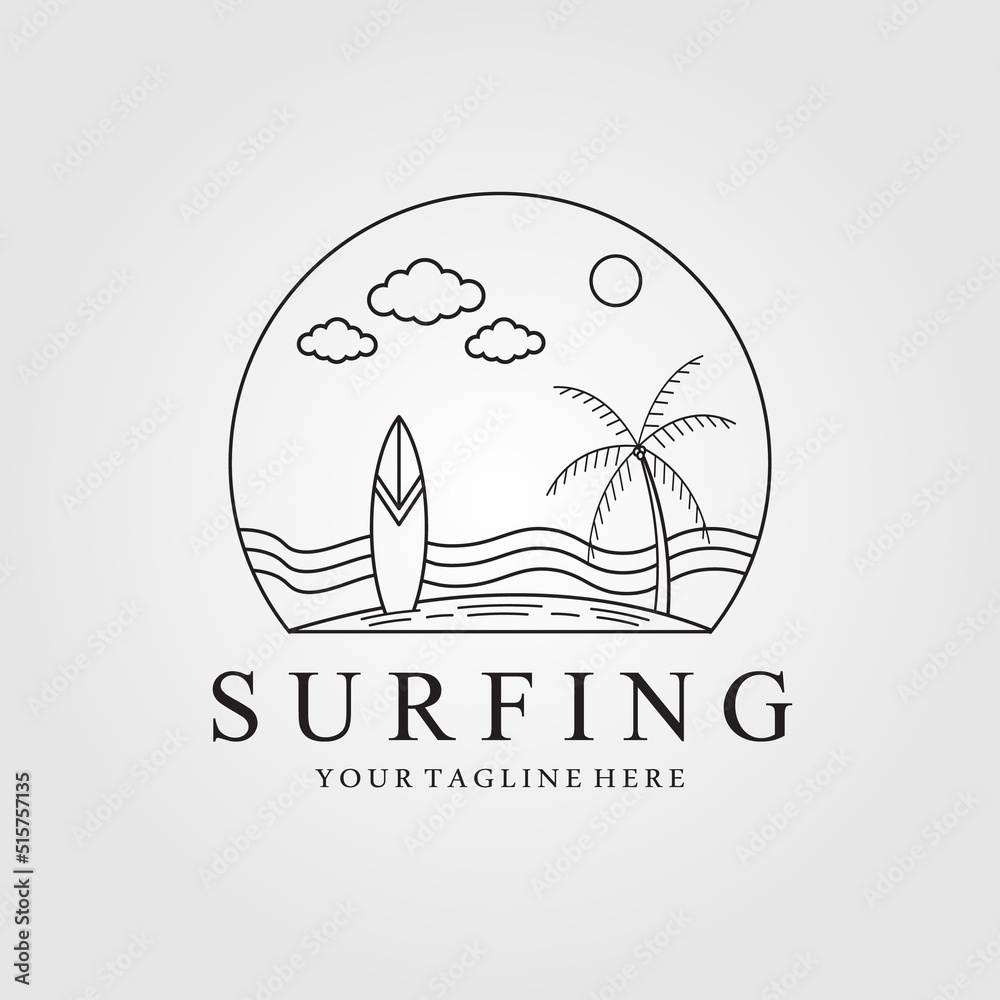 surfing logo line art, icon and symbol, with emblem vector illustration design
