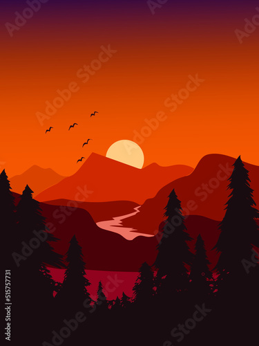 Beautiful peaceful mountain landscape at sunrise and sunset  majestic nature background  banner poster  cover set vector illustration.