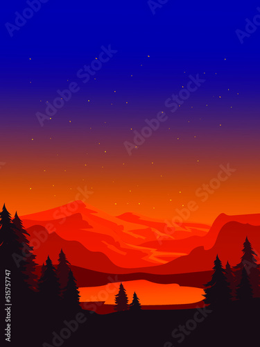 Beautiful peaceful mountain landscape at sunrise and sunset  majestic nature background  banner poster  cover set vector illustration.