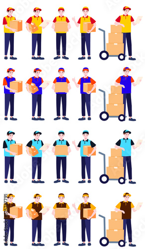 Set of service delivery. Male staff send parcel box in flat design illustration isolated on white background. Postman with order cardboard box. Door-to-door service logistic from seller to customer.