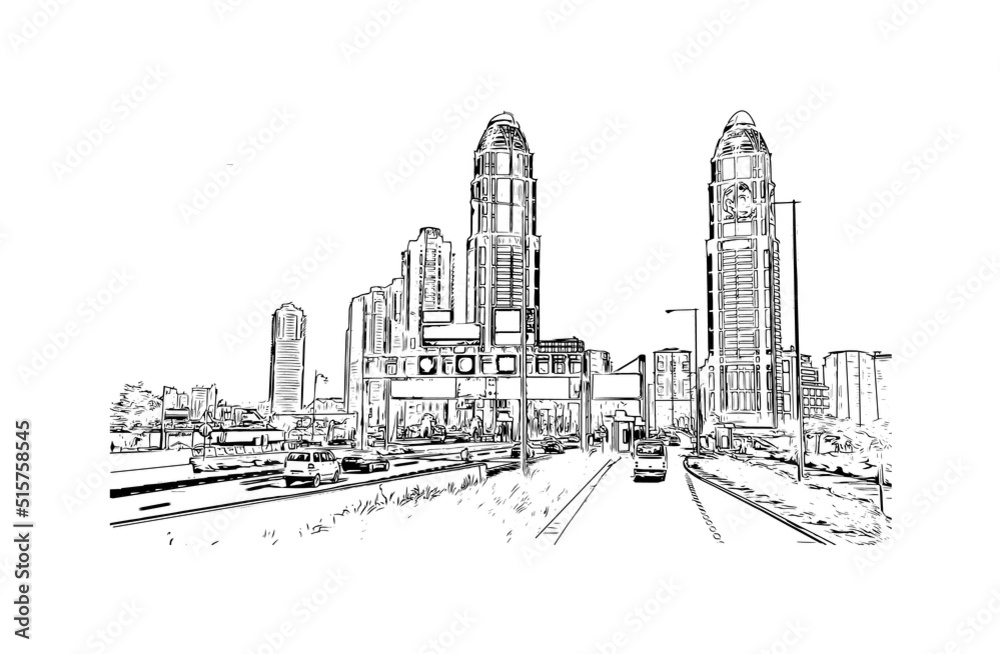 landmark of Doha is the capital of Qatar. Watercolor splash with hand drawn sketch illustration in vector.
