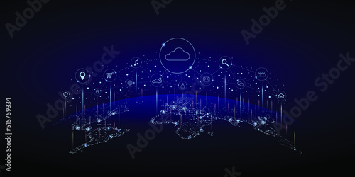 Global Infrastructure Storage and Sharing Technology On Dark Blue, Big Data Center, Future Infrastructure, Digital Cloud Computing Concept.