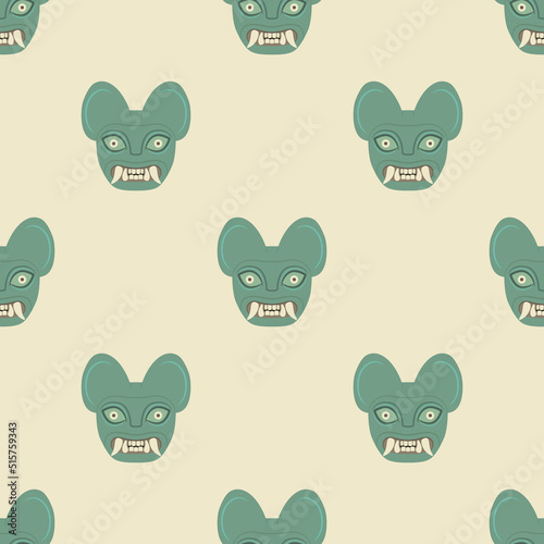 Seamless animal pattern with heads of jaguar demon. Moche art from ancient Peru. Native American art of Peruvian Indians. Green faces of cat with fangs on white background.