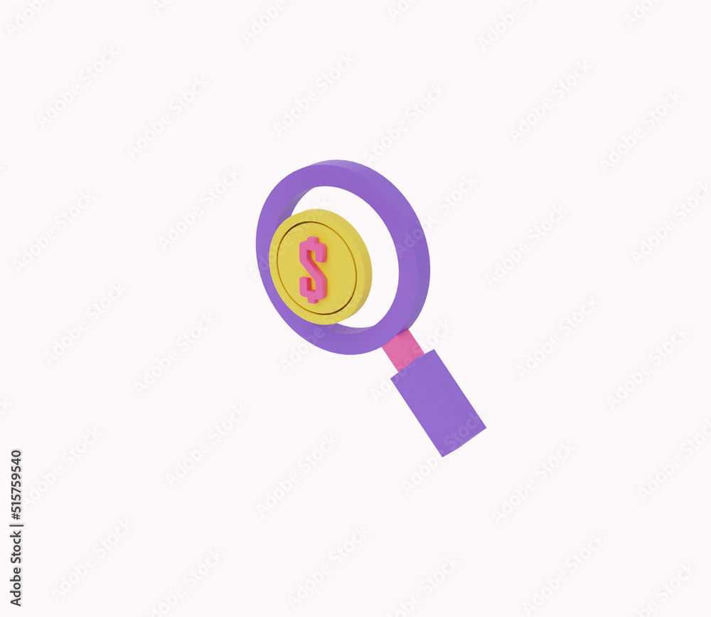 3D magnifier and dollar coin icon. 3d render illustration 3D magnifier and dollar coin icon. 3d render illustration