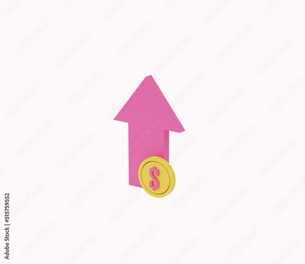 3D up arow and dollar coin icon. 3d render illustration