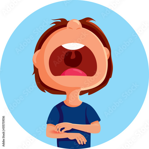 Boy Screaming with Pain Having an Itchy Rash Vector Cartoon Illustration - Child suffering from Painful pruritus caused by an allergic reaction 
