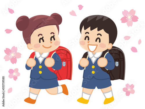 桜と小学生　ランドセル　入学　通学