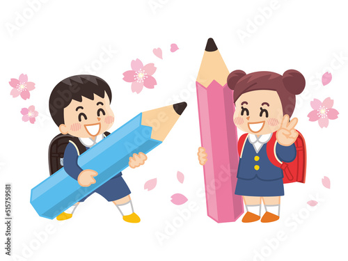 小学生と桜と鉛筆　ランドセル　入学　勉強