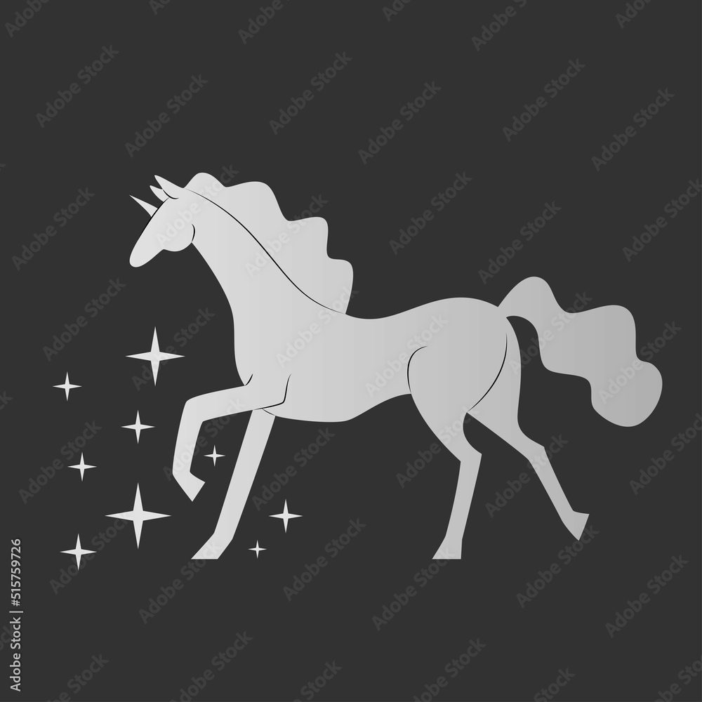 Fototapeta premium Unicorn. Silver silhouette on a dark background. A magical animal. Vector illustration. Beats with a hoof, the stars fly apart.