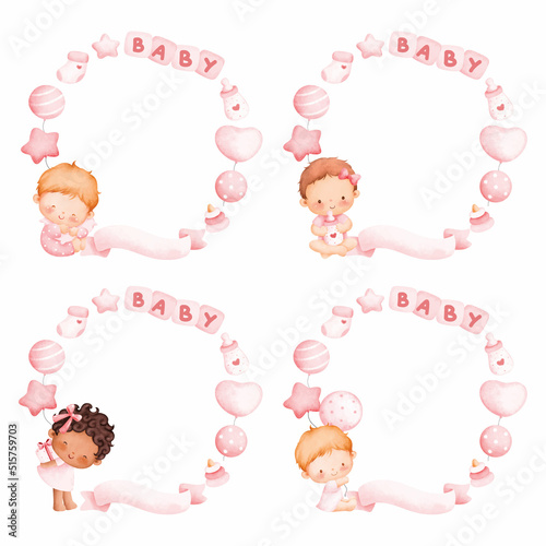 Set of baby girl frame template watercolor illustration