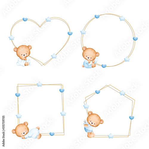 Set of baby bear frame template watercolor illustration 