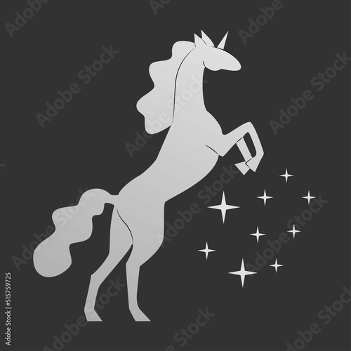 Unicorn. Silver silhouette on a dark background. A magical animal. Vector illustration. Magic from under the hooves. A wonderful land.