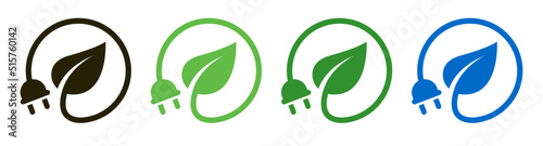 Green renewable plug leaf icons design vector. Electric power energy charge button symbol illustration.