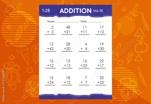 Basic math addition for kids. An educational worksheet for kids. Vector design