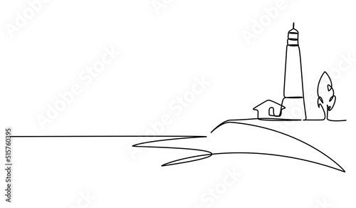 Single stroke drawing lighthouse, beacon and island. Modern linear simple logotype template for poster banner. Lighthouses and ocean waves. Continuous line draw design graphic vector illustration