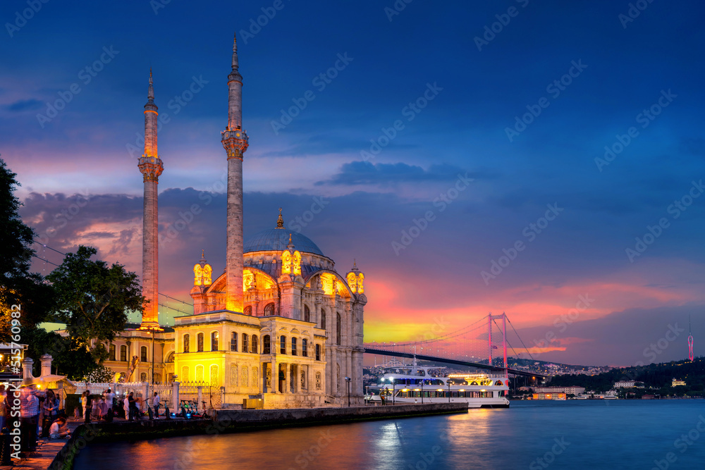 Beautiful ortakoy mosque and Istanbul bosphorus bridge at twilight in Istanbul, Turkey.