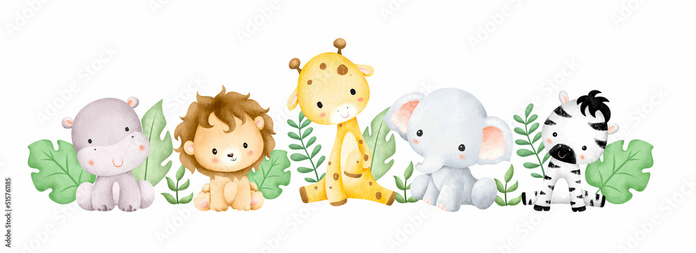 Watercolor illustration baby safari animals and tropical leaves 